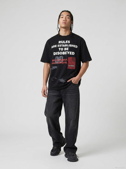 DAXUEN Oversized graphic print black and cream t-shirt — model photo