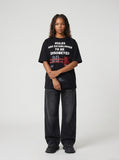 DAXUEN Oversized graphic print black and cream t-shirt — model photo