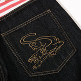 DAXUEN dark blue denim wide-leg jeans with patterned panel