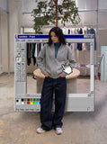 DAXUEN dark blue denim wide-leg jeans with patterned panel — model photo