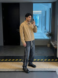 DAXUEN tan relaxed jacket with patterned trim — model photo