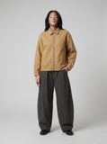 DAXUEN tan relaxed jacket with patterned trim — model photo