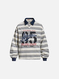 DAXUEN grey oversized striped polo shirt with distressed '65' graphic