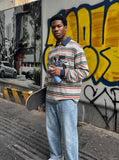 DAXUEN grey oversized distressed '65' graphic polo shirt — model photo