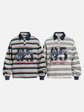 DAXUEN grey oversized striped polo shirt with distressed '65' graphic