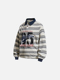 DAXUEN grey oversized striped polo shirt with distressed '65' graphic