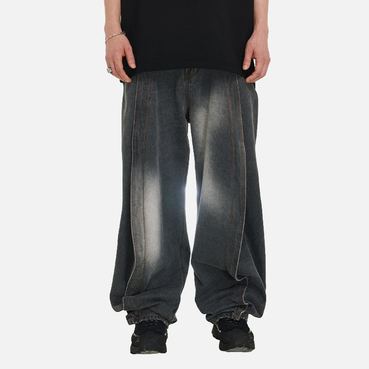 DAXUEN Distressed baggy wide-leg jeans in dark grey denim — model photo