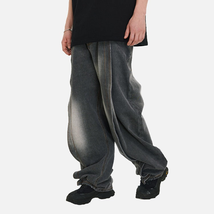 DAXUEN Distressed baggy wide-leg jeans in dark grey denim — model photo