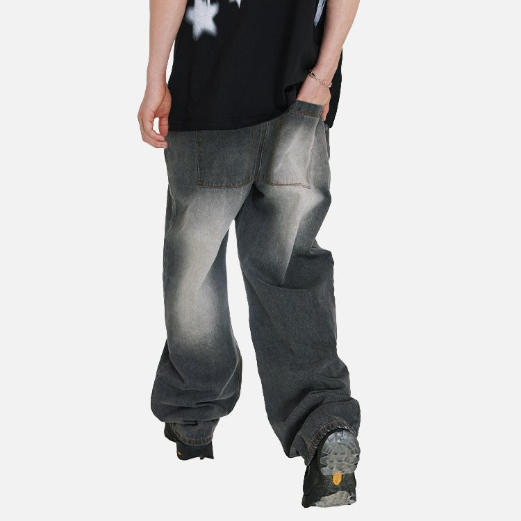 DAXUEN Distressed baggy wide-leg jeans in dark grey denim — model photo
