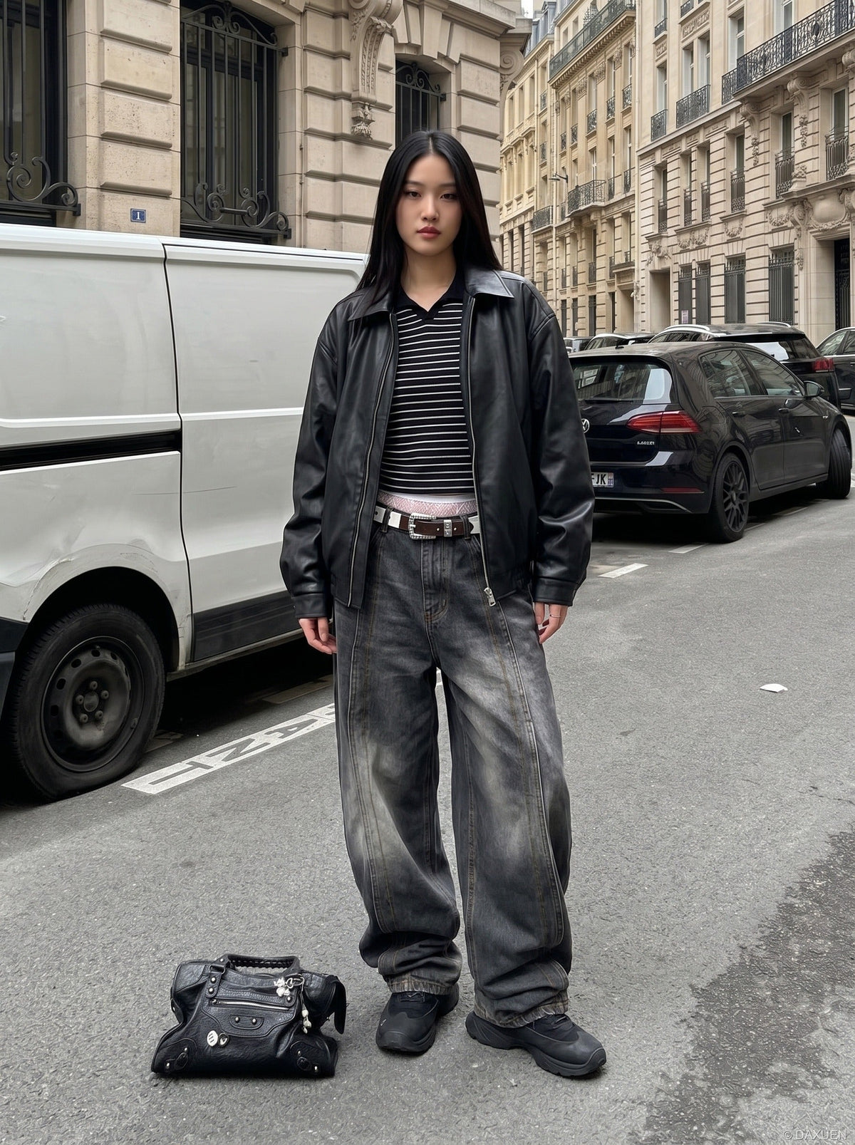 DAXUEN Distressed baggy wide-leg jeans in dark grey denim — model photo