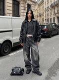 DAXUEN Distressed baggy wide-leg jeans in dark grey denim — model photo