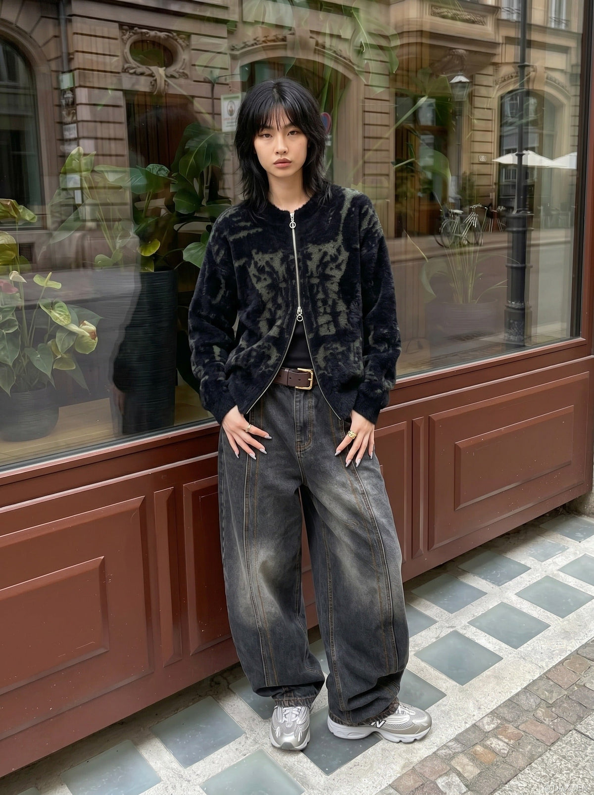 DAXUEN Distressed baggy wide-leg jeans in dark grey denim
