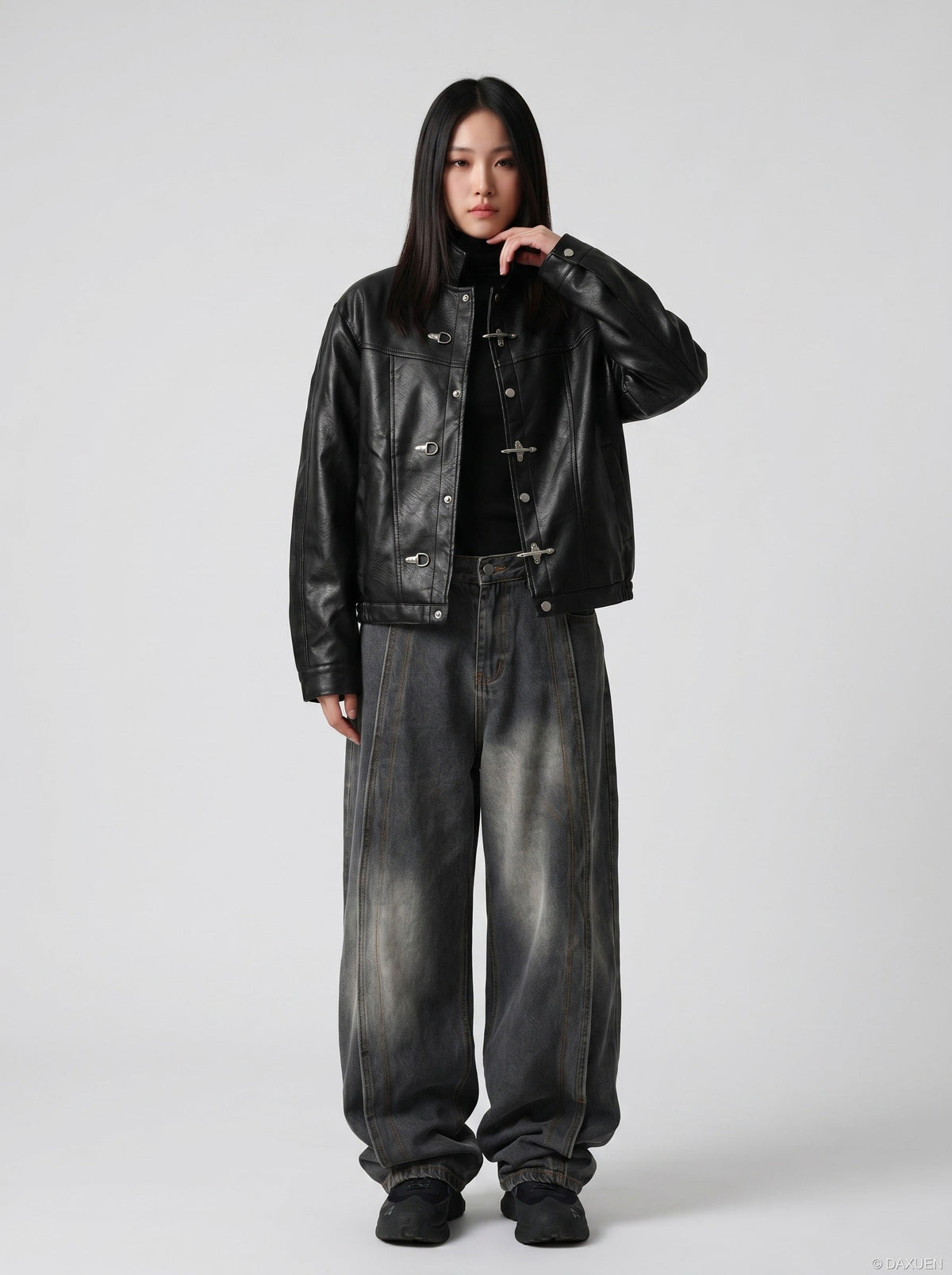 DAXUEN Distressed baggy wide-leg jeans in dark grey denim — model photo