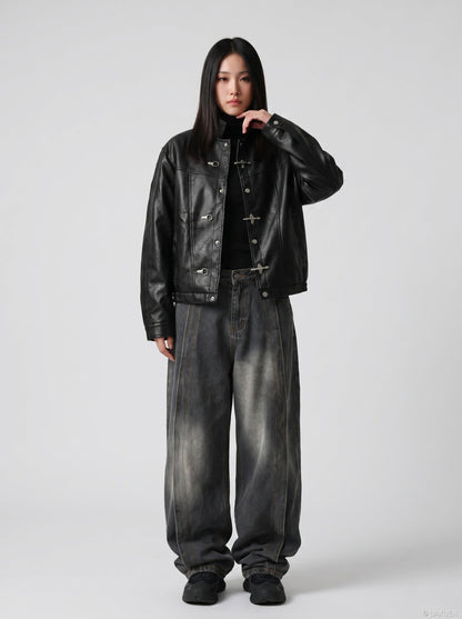 DAXUEN Distressed baggy wide-leg jeans in dark grey denim — model photo