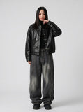 DAXUEN Distressed baggy wide-leg jeans in dark grey denim — model photo