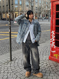 DAXUEN Distressed baggy wide-leg jeans in dark grey denim — model photo