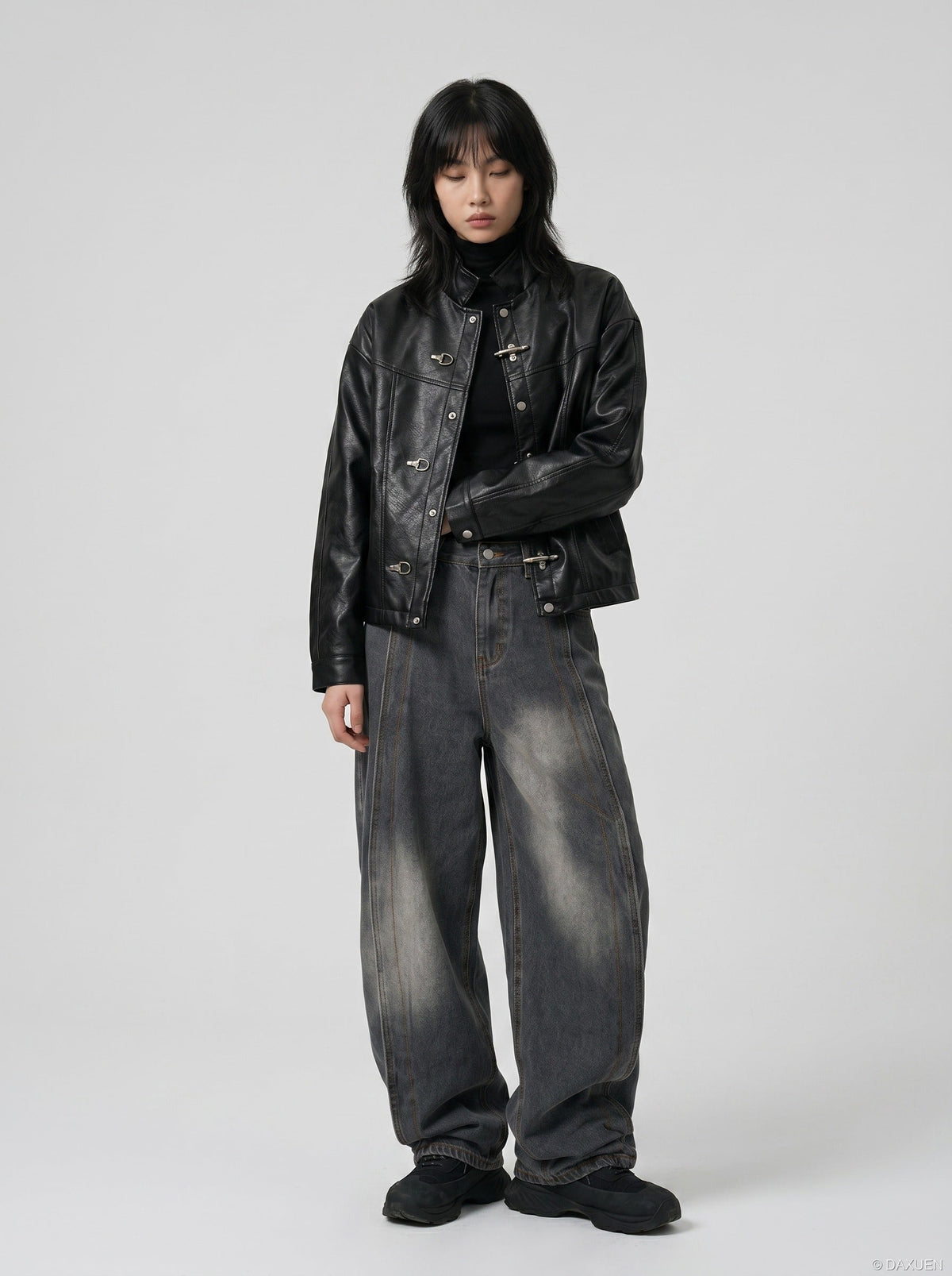DAXUEN Distressed baggy wide-leg jeans in dark grey denim — model photo