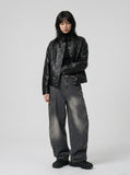 DAXUEN Distressed baggy wide-leg jeans in dark grey denim — model photo
