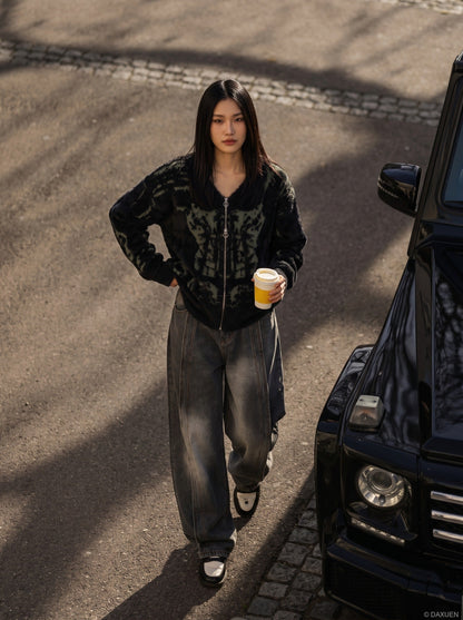DAXUEN Distressed baggy wide-leg jeans in dark grey denim — model photo