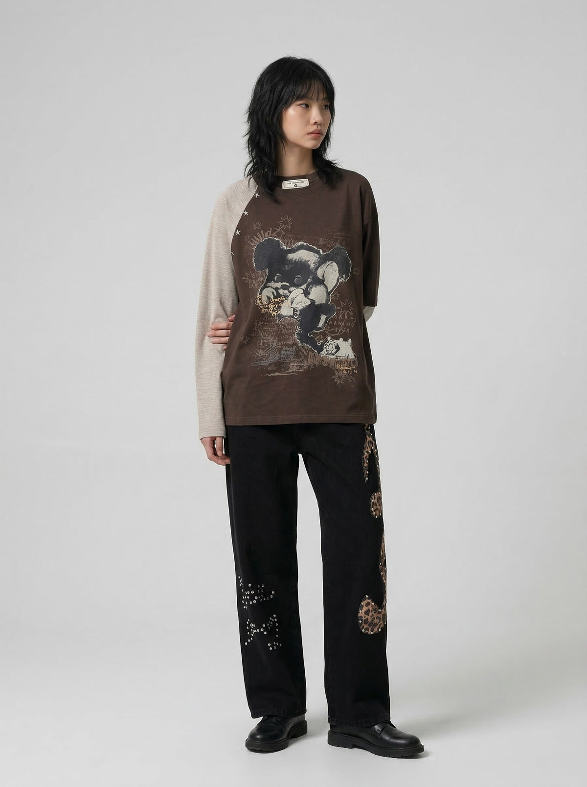DAXUEN Distressed bear graphic long sleeve t-shirt — model photo