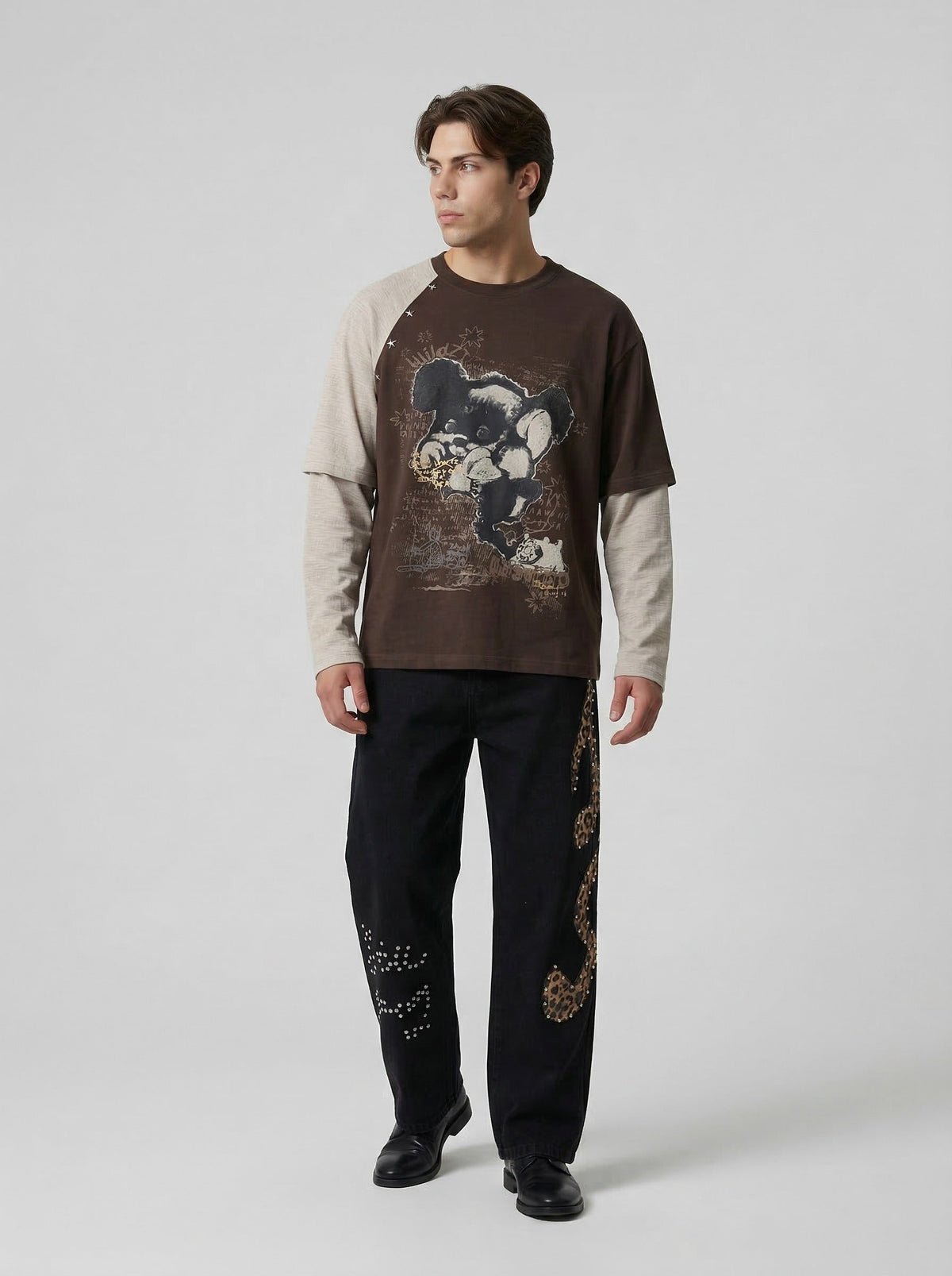 DAXUEN Distressed bear graphic long sleeve t-shirt — model photo