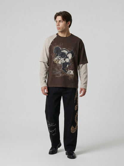 DAXUEN Distressed bear graphic long sleeve t-shirt — model photo