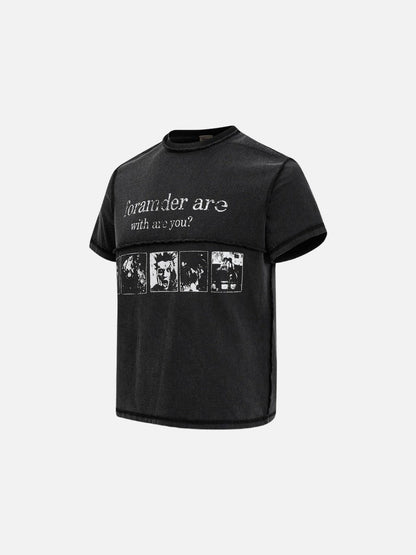 DAXUEN Black short-sleeved t-shirt with distressed text and graphics