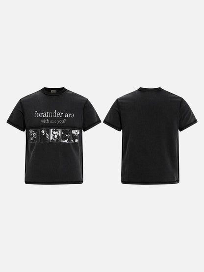 DAXUEN Black short-sleeved t-shirt with distressed text and graphics