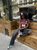 DAXUEN deep maroon distressed block lettering t-shirt — model photo