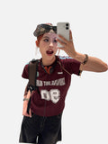 DAXUEN deep maroon distressed block lettering t-shirt