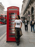 DAXUEN deep maroon distressed block lettering t-shirt — model photo