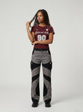 DAXUEN deep maroon distressed block lettering t-shirt — model photo