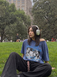 DAXUEN faded blue brushstroke graphic oversized t-shirt — model photo