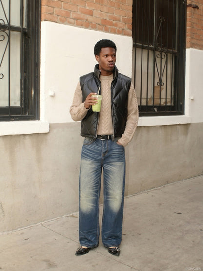 DAXUEN Distressed blue denim wide-leg jeans — model photo