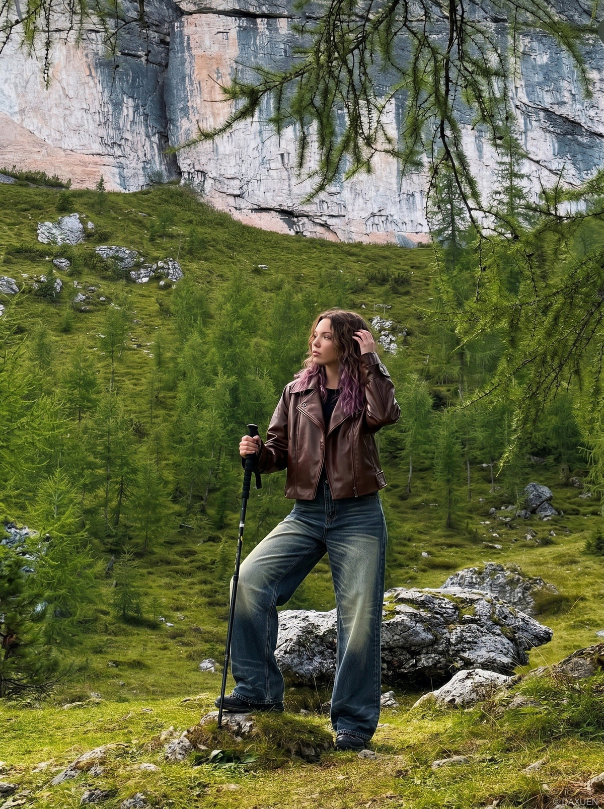 DAXUEN Distressed blue denim wide-leg jeans — model photo