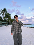 DAXUEN blue plaid distressed long-sleeve shirt — model photo