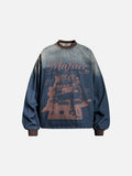 DAXUEN blue ombre denim top with distressed brown graphic