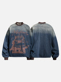 DAXUEN blue ombre denim top with distressed brown graphic
