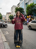 DAXUEN burgundy oversized multi-layer graphic long sleeve tee — model photo