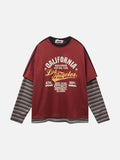 DAXUEN deep red faux-layered long-sleeve graphic tee
