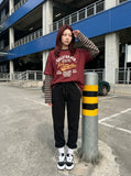 DAXUEN deep red faux-layered long-sleeve graphic tee — model photo
