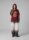 DAXUEN deep red faux-layered long-sleeve graphic tee — model photo