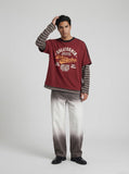DAXUEN deep red faux-layered long-sleeve graphic tee — model photo