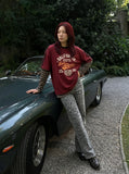 DAXUEN deep red faux-layered long-sleeve graphic tee — model photo
