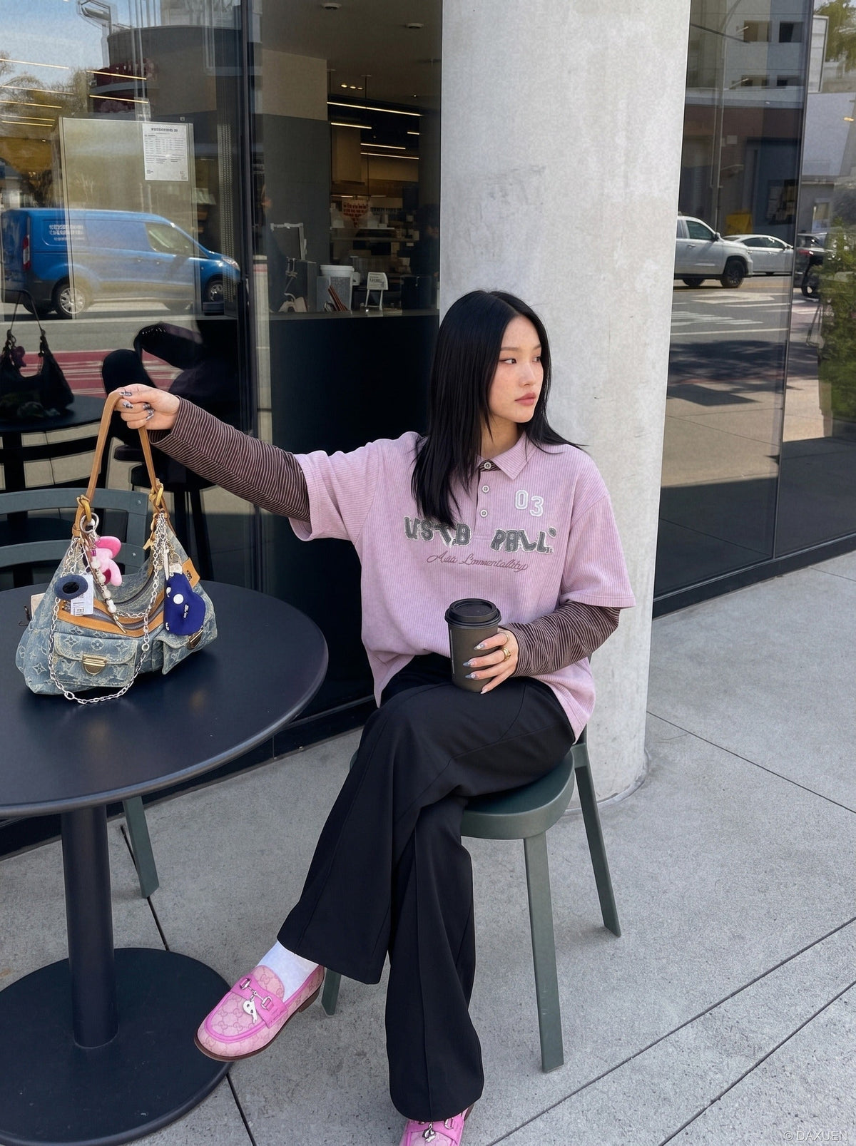 DAXUEN light purple oversized distressed camouflage graphic polo shirt — model photo