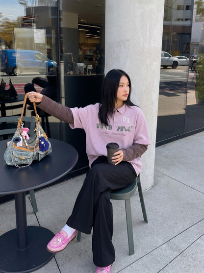 DAXUEN light purple oversized distressed camouflage graphic polo shirt — model photo