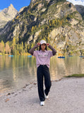 DAXUEN light purple oversized distressed camouflage graphic polo shirt — model photo