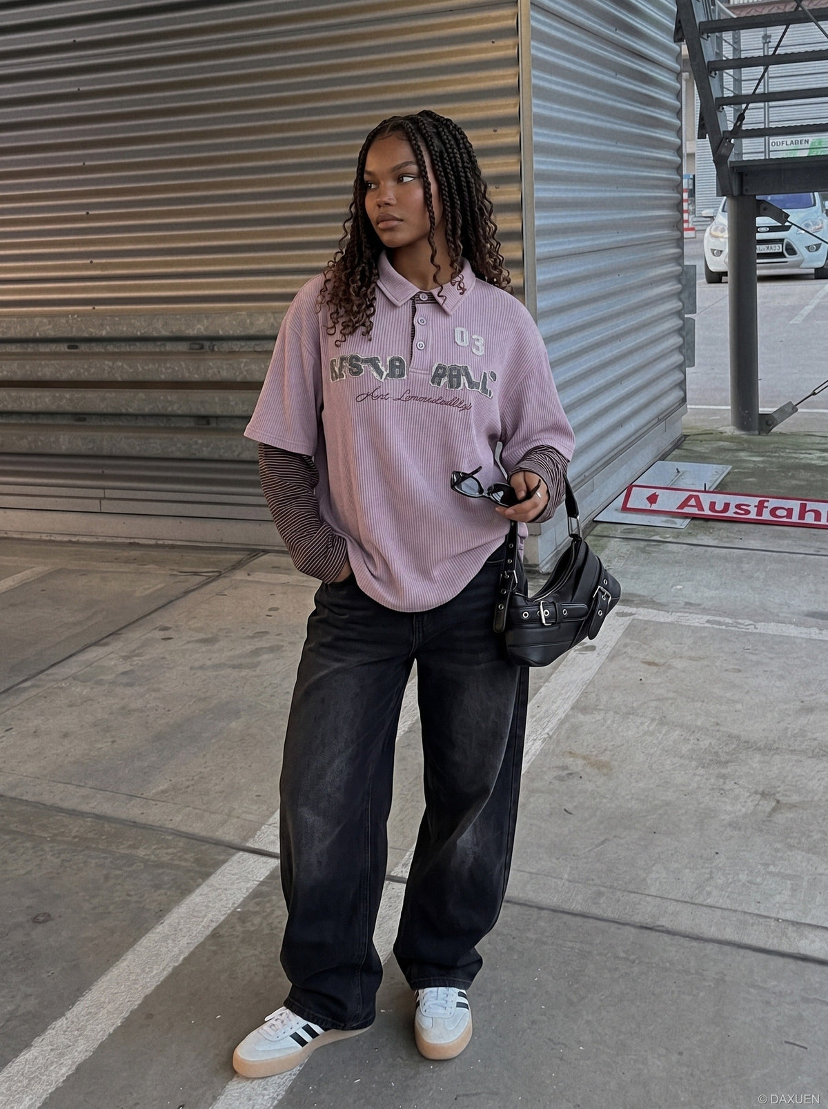 DAXUEN light purple oversized distressed camouflage graphic polo shirt — model photo
