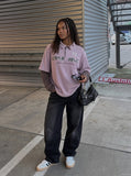DAXUEN light purple oversized distressed camouflage graphic polo shirt — model photo
