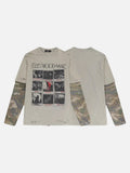 DAXUEN light beige and olive green camouflage layered long sleeve t-shirt
